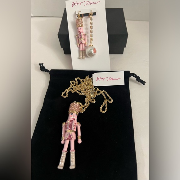 Betsey Johnson Pink Nutcracker & Ball Rhinestone Pendant Necklace & Earrings set - Picture 2 of 16